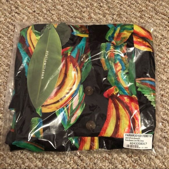 NWT FARM Rio Preta Black Bold Tropical Banana Print Square Neck Linen Mini Dress - Picture 9 of 11